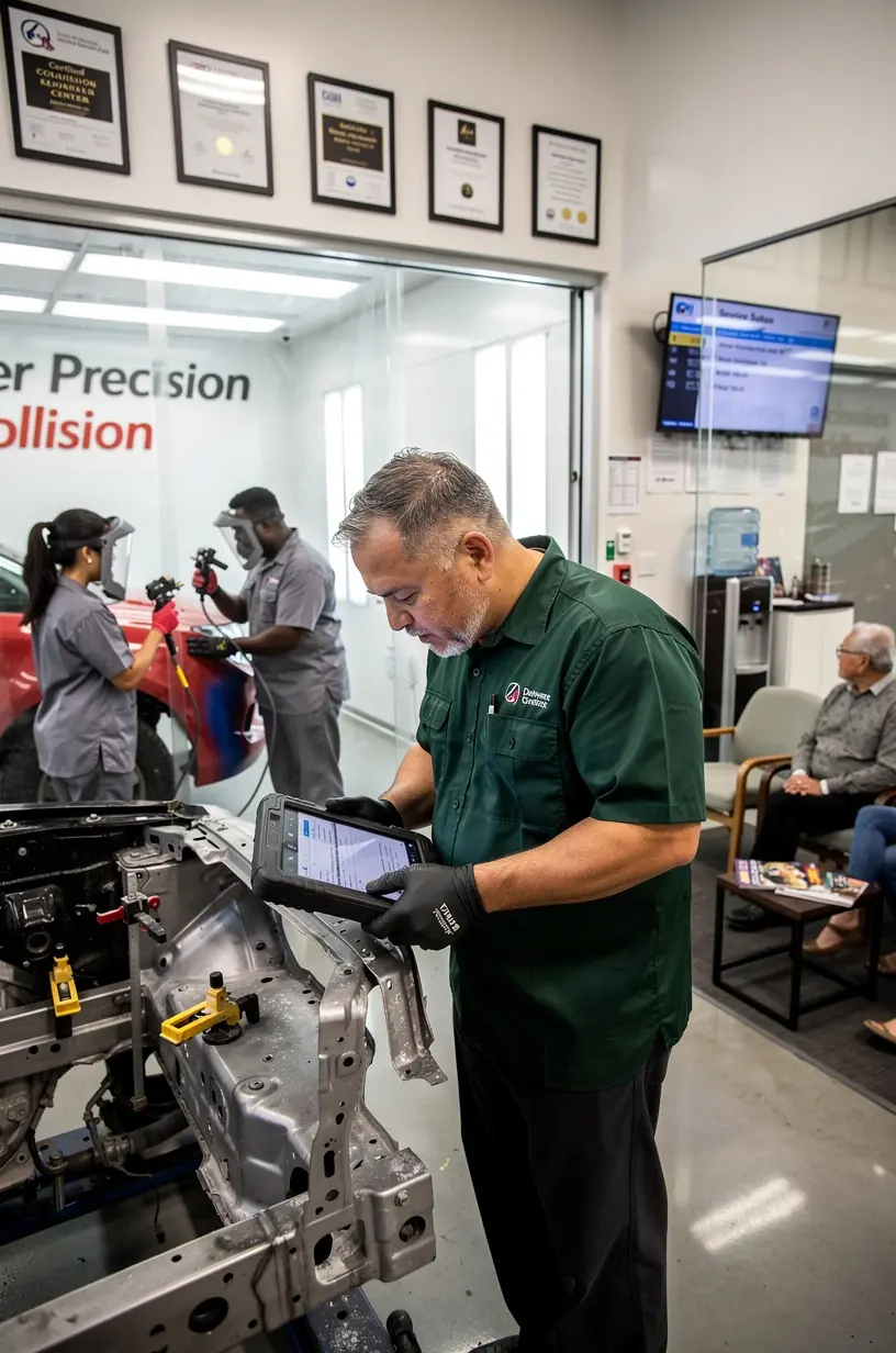 Fachmann repariert Karosserieschaden an einem Fahrzeug in moderner Werkstatt mit präzisem Werkzeug.
